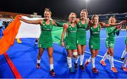 3 November 2019; Ireland players, from left, Elena Tice, Zoe Wilson, Nikki Evans, Chloe Watkins and Gillian Pinder celebrate after qualifying for the Tokyo2020 Olympic Games after the FIH Women's Olympic Qualifier match between Ireland and Canada at Energia Park in Dublin. Photo by Brendan Moran/Sportsfile