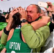 3 November 2019; Roisin Upton of Ireland celebrates with her first hockey coach Sean O'Callaghan after qualifying for the Tokyo2020 Olympic Games after the FIH Women's Olympic Qualifier match between Ireland and Canada at Energia Park in Dublin. Photo by Brendan Moran/Sportsfile