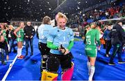 3 November 2019; Ayeisha McFerran of Ireland sprays champagne after qualifying for the Tokyo2020 Olympic Games after the FIH Women's Olympic Qualifier match between Ireland and Canada at Energia Park in Dublin. Photo by Brendan Moran/Sportsfile