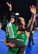 3 November 2019; Shirley McCay of Ireland celebrates with her nephew Alex after qualifying for the Tokyo2020 Olympic Games after the FIH Women's Olympic Qualifier match between Ireland and Canada at Energia Park in Dublin. Photo by Brendan Moran/Sportsfile