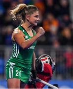 3 November 2019; Chloe Watkins of Ireland celebrates after scoring penalty stroke during the FIH Women's Olympic Qualifier match between Ireland and Canada at Energia Park in Dublin. Photo by Brendan Moran/Sportsfile