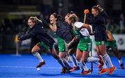 3 November 2019; Ireland players, from left, Nicola Daly, Roisin Upton, Bethany Barr, Chloe Watkins and Gillian Pinder celebrate winning the penalty strokes and qualifying for the Tokyo2020 Olympic Games during the FIH Women's Olympic Qualifier match between Ireland and Canada at Energia Park in Dublin. Photo by Brendan Moran/Sportsfile