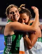 3 November 2019; Ireland captain Katie Mullan, left, and Elena Tice of Ireland celebrate after qualifying for the Tokyo2020 Olympic Games during after the FIH Women's Olympic Qualifier match between Ireland and Canada at Energia Park in Dublin. Photo by Brendan Moran/Sportsfile