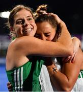 3 November 2019; Ireland captain Katie Mullan, left, and Elena Tice of Ireland celebrate after qualifying for the Tokyo2020 Olympic Games during after the FIH Women's Olympic Qualifier match between Ireland and Canada at Energia Park in Dublin. Photo by Brendan Moran/Sportsfile