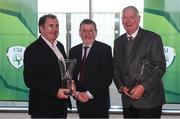 3 November 2019; FAI Hall of Fame recipients Mick Leech of Shamrock Rovers, left, and Richard Blackmore of Dundalk, right, with FAI President Donal Conway during the extra.ie FAI Cup Final between Dundalk and Shamrock Rovers at the Aviva Stadium in Dublin. Photo by Stephen McCarthy/Sportsfile