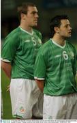 18 November 2003; Republic of Ireland's Richard Dunne, left and Andy Reid stand for the national anthem. International Friendly, Republic of Ireland v Canada, Lansdowne Road, Dublin. Soccer. Picture credit; Damien Eagers / SPORTSFILE *EDI*