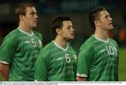 18 November 2003; Pictured from left to right are Republic of Ireland's Richard Dunne, Andy Reid and Robbie Keane as they stand for the national anthem. International Friendly, Republic of Ireland v Canada, Lansdowne Road, Dublin. Soccer. Picture credit; Damien Eagers / SPORTSFILE *EDI*