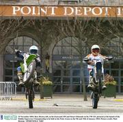 25 November 2003; Ross Brown, left, on his Kawasaki 250 and Stuart Edmonds on his TM 125, pictured at the launch of the Dublin Supercross Championship to be held at the Point Arena on the 9th and 10th of January 2004. Picture credit; Matt Browne / SPORTSFILE *EDI*