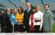 25 November 2003; Plans were unveiled at Croke Park to celebrate the cenrenary of Cumann Camogaiochta na nGael. At the announcement were, from left, Miriam O'Callaghan, Uachtarain, Cumann Camogaiochta na nGael, Fiona Munnelly, Mary Rose Ryan, John O'Donoghue, TD, Minister for Arts, Sport and Toursm, Fiona Quirke, Brenda Quirke and Sean Kelly, President of the GAA. Picture credit; Brendan Moran / SPORTSFILE *EDI*