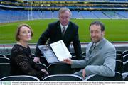 25 November 2003; Plans were unveiled at Croke Park to celebrate the cenrenary of Cumann Camogaiochta na nGael. At the announcement were, Miriam O'Callaghan, Uachtarain, Cumann Camogaiochta na nGael, John O'Donoghue, TD, Minister for Arts, Sport and Tourism, centre, and Sean Kelly, President of the GAA. Picture credit; Brendan Moran / SPORTSFILE *EDI*