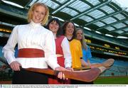 25 November 2003; Plans were unveiled at Croke Park to celebrate the cenrenary of Cumann Camogaiochta na nGael. At the announcement were models wearing camogie apparel throughout the hundred years, from left, Brenda Quirke, Fiona Quirke, Mary Rose Ryan and Fiona Munnelly. Picture credit; Pat Murphy / SPORTSFILE *EDI*