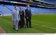 25 November 2003; Plans were unveiled at Croke Park to celebrate the cenrenary of Cumann Camogaiochta na nGael. At the announcement were, Sean Kelly, President of the GAA, left, Miriam O'Callaghan, Uachtarain, Cumann Camogaiochta na nGael, John O'Donoghue, TD, Minister for Arts, Sport and Tourism. Picture credit; Brendan Moran / SPORTSFILE *EDI*