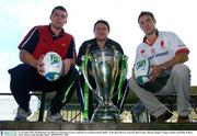 26 November 2003; The Heineken Cup 2003/4 was launched at a press conference in Lansdowne Road, Dublin. At the photocall were, from left, Denis Leamy, Munster, Reggie Corrigan, Leinster and Paddy Wallace, Ulster. Picture credit; Brendan Moran / SPORTSFILE *EDI*