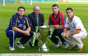 26 November 2003; The Heineken Cup 2003/4 was launched at a press conference in Lansdowne Road, Dublin. At the photocall were, from left, Reggie Corrigan, Leinster, Pat Maher, Heineken Ireland, Denis Leamy, Munster and Paddy Wallace, Ulster. Picture credit; Brendan Moran / SPORTSFILE *EDI*