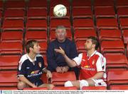 28 November 2003; St. Patrick Athletic's Keith Dunne, left, wearing the away jersey, manager Eamonn Collins and Tony Bird, wearing the home jersey, right, at the launch of the new St. Patrick's Athletic kit for the 2004 season. Richmond Park, Dublin. Picture credit; Pat Murphy / SPORTSFILE *EDI*