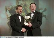 28 November 2003; Michael Kavanagh, Kilkenny, is presented with his All-Star award by GAA President Sean Kelly at the VODAFONE GAA All-Star Awards in the Citywest Hotel, Dublin. Football. Hurling. Picture credit; Brendan Moran / SPORTSFILE *EDI*