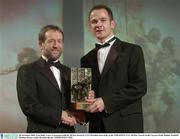 28 November 2003; Tom Kelly, Laois, is presented with his All-Star award by GAA President Sean Kelly at the VODAFONE GAA All-Star Awards in the Citywest Hotel, Dublin. Football. Hurling. Picture credit; Brendan Moran / SPORTSFILE *EDI*