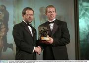 28 November 2003; Ollie Canning, Galway, is presented with his All-Star award by GAA President Sean Kelly at the VODAFONE GAA All-Star Awards in the Citywest Hotel, Dublin. Football. Hurling. Picture credit; Brendan Moran / SPORTSFILE *EDI*