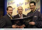 29 November 2003; Club Energise, the new isotonic sports drink which has sold 1.4 million bottles since its launch in August, as part of a groundbreaking partnership with the Gaelic Players Association (GPA), is the proud sponsor of the launch by TyroneÕs history-making captain, Peter Canavan, of his new book Ð ÔEvery Step We TookÕ at the Citywest Hotel, Dublin. At the launch are, Sean Kelly, President of the GAA, Peter Canavan and Michael McArdle, Club Energise. Picture credit; Brendan Moran / SPORTSFILE *EDI*