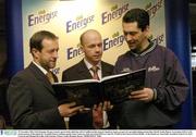 29 November 2003; Club Energise, the new isotonic sports drink which has sold 1.4 million bottles since its launch in August, as part of a groundbreaking partnership with the Gaelic Players Association (GPA), is the proud sponsor of the launch by TyroneÕs history-making captain, Peter Canavan, of his new book Ð ÔEvery Step We TookÕ at the Citywest Hotel, Dublin. At the launch are, Sean Kelly, President of the GAA, Peter Canavan and Michael McArdle, Club Energise. Picture credit; Brendan Moran / SPORTSFILE *EDI*