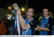 29 November 2003; Dublin City players Robert Farrell, left and Robbie Collins celebrate after winning the eircom League First Division title. eircom league First Division, Bray Wanderers v Dublin City, Whitehall, Dublin. Soccer. Picture credit; David Maher / SPORTSFILE *EDI*