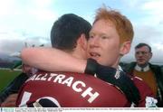 30 November 2003; Paul Gately, right, Caltra, celebrates at the end of the game with team-mate Michael Meehan after victory over Curry. AIB Connacht Senior Football Championship Final, Caltra v Curry, Pearse Stadium, Galway. Picture credit; David Maher / SPORTSFILE *EDI*