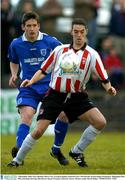 3 December 2003; Gary Beckett, Derry City, in action against Limerick City's Pat Purcell. Limerick City v Derry City, eircom league Promotion / Relegation Play Off, semi-final, first leg, Pike Rovers Sports Ground, Limerick. Soccer. Picture credit; David Maher / SPORTSFILE *EDI*