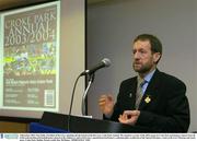 3 December 2003; Sean Kelly, President of the GAA, speaking ath the launch of the first ever Croke Park Annual. The annual is a review of the 2003 season in Croke Park and features reports from all of the main hurling and football games played at the stadium as well as interviews, special historical features, a photographic recollection of the Special Olympics, a look at the GAA Museum and much more. Croke Park, Dublin. Picture credit; Ray McManus / SPORTSFILE *EDI*