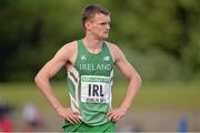22 June 2013; Marcus Lawler, Ireland, reacts after Ireland failed to finish the Men's 4x100m heats during the European Athletics Team Championships 1st League. Morton Stadium, Santry, Co. Dublin. Picture credit: Brendan Moran / SPORTSFILE
