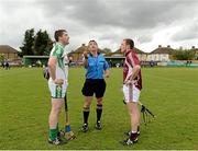 22 June 2013 Referee Colm Lyons along with John Walsh, London Captain, and Eoin Price, Westmeath Captain, at the coin toss. GAA Hurling All-Ireland Senior Championship Preliminary Round, London v Westmeath, Emerald Park, Ruislip, London, England. Picture credit: Oliver McVeigh / SPORTSFILE
