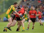 23 June 2013; Kalum King, Down, in action against Patrick McBrearty and David Walsh, Donegal. Ulster GAA Football Senior Championship Semi-Final, Donegal v Down, Kingspan Breffni Park, Cavan. Picture credit: Oliver McVeigh / SPORTSFILE