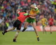 23 June 2013; Ryan Bradley, Donegal, in action against Keith Quinn, Down. Ulster GAA Football Senior Championship Semi-Final, Donegal v Down, Kingspan Breffni Park, Cavan. Picture credit: Oliver McVeigh / SPORTSFILE