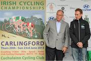 23 June 2013; Pat McQuaid, left, President of the Union Cycliste Internationale (UCI), left, with Sean Kelly on the awards podium at the Elite Men's National Road Race Championships. 2013 National Road Race Championships, Carlingford, Co. Louth. Picture credit: Stephen McMahon / SPORTSFIL