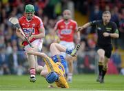 23 June 2013; Padraic Collins, Clare, hits the ground after being fouled close to the Cork goal. Munster GAA Hurling Senior Championship Semi-Final, Cork v Clare, Gaelic Grounds, Limerick. Picture credit: Brendan Moran / SPORTSFILE