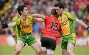 23 June 2013; Ryan McHugh and Mark McHugh, Donegal, in action against Conor Laverty, Down. Ulster GAA Football Senior Championship Semi-Final, Donegal v Down, Kingspan Breffni Park, Cavan. Picture credit: Oliver McVeigh / SPORTSFILE