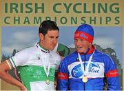23 June 2013; Matt Brammeier, Champion Systems Pro Cycling Team, left, in conversation with third place Damien Shaw, Aqua Blue, on the awards podium at the Elite Men's Road Race National Championships. National Road Race Championships, Carlingford, Co. Louth. Picture credit: Stephen McMahon / SPORTSFILE