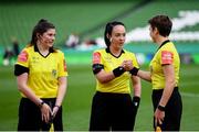 3 November 2019; Match officials, from left, Katie Hall, assistant referee, referee Sarah Dyas, and Michelle O'Neill, assistant referee, prior to  during the Só Hotels FAI Women's Cup Final between Wexford Youths and Peamount United at the Aviva Stadium in Dublin. Photo by Stephen McCarthy/Sportsfile