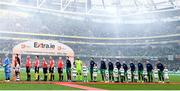 3 November 2019; Players and officials stand for the national anthem during the extra.ie FAI Cup Final between Dundalk and Shamrock Rovers at the Aviva Stadium in Dublin. Photo by Stephen McCarthy/Sportsfile