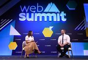 5 November 2019; Jessica Ennis-Hill, Founder & CEO, Jennis Fitness, and Ger Gilroy, Managing Director, Off The Ball, on SportsTrade stage during the opening day of Web Summit 2019 at the Altice Arena in Lisbon, Portugal. Photo by Stephen McCarthy/Web Summit via Sportsfile