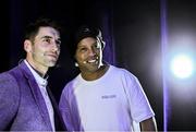 5 November 2019; Ronaldinho, Ambassador, Teqball, with Bernard Brogan, Co-founder and Chief Commercial Officer , PepTalk, during the opening day of Web Summit 2019 at the Altice Arena in Lisbon, Portugal. Photo by Harry Murphy/Web Summit via Sportsfile