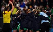 3 November 2019; Ireland players celebrate after the penalty stroke shootout as the umpire indicates a video review during the FIH Women's Olympic Qualifier match between Ireland and Canada at Energia Park in Dublin. Photo by Brendan Moran/Sportsfile
