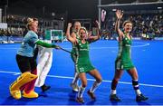 3 November 2019; Ireland players, from left, Ayeisha McFerran, Sarah Hawkshaw, Nicola Daly and Roisin Upton celebrate after the FIH Women's Olympic Qualifier match between Ireland and Canada at Energia Park in Dublin. Photo by Brendan Moran/Sportsfile