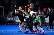 3 November 2019; Ireland players, from left, Roisin Upton, Nicola Daly, Gillian Pinder, and Chloe Watkins celebrate after winning the penalty shoot out and qualifing for the Tokyo 2020 Olympic Games after the FIH Women's Olympic Qualifier match between Ireland and Canada at Energia Park in Dublin. Photo by Brendan Moran/Sportsfile