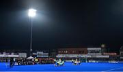 3 November 2019; The Ireland and Canada teams stand for the national anthem prior the FIH Women's Olympic Qualifier match between Ireland and Canada at Energia Park in Dublin. Photo by Brendan Moran/Sportsfile