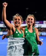 3 November 2019; Ireland players Elena Tice, left, and Deirdre Duke celebrate after the FIH Women's Olympic Qualifier match between Ireland and Canada at Energia Park in Dublin. Photo by Brendan Moran/Sportsfile