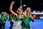 3 November 2019; Ireland players Elena Tice, left, and Deirdre Duke celebrate after the FIH Women's Olympic Qualifier match between Ireland and Canada at Energia Park in Dublin. Photo by Brendan Moran/Sportsfile