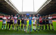 6 November 2019; in attendace at the EPCR 2019/20 Season Launch is, from left, Jono Rossof Sales Sharks, Ben Morgan of Gloucester, Chris Robshaw of Harlequin, Sam Skinner of Exeter Chiefs, Alex Waller of Northampton Saints, Charlie Ewels of Bath Rugby, Ellis Jenkins of Cardiff Blues, Jonathan Sexton of Leinster, Alberto Sgarbi of Benetton, Dan Lydiate of Osprey, Rory Scannell of Munster, Jarrad Butler of Connacht, Callum Gibbins of Glasgow Warriors and Iain Henderson of Ulster. Principality Stadium in Cardiff. Photo by Gareth Everitt/Sportsfile