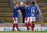 8 November 2019; Shayne Lavery of Linfield, left, celebrates with team-mate Joel Cooper after scoring his side's first goal  during the Unite the Union Champions Cup first leg match between Linfield and Dundalk at the National Football Stadium at Windsor Park in Belfast. Photo by Oliver McVeigh/Sportsfile