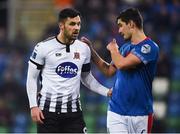 8 November 2019; Pat Hoban of Dundalk and Jimmy Callacher of Linfield in conversation during the Unite the Union Champions Cup first leg match between Linfield and Dundalk at the National Football Stadium at Windsor Park in Belfast. Photo by Oliver McVeigh/Sportsfile