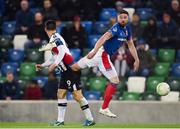 8 November 2019; Mark Stafford of Linfield in action against Pat Hoban of Dundalk during the Unite the Union Champions Cup first leg match between Linfield and Dundalk at the National Football Stadium at Windsor Park in Belfast. Photo by Oliver McVeigh/Sportsfile